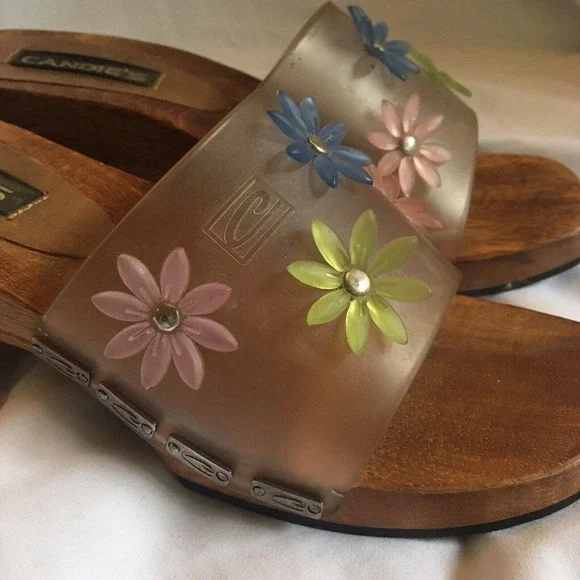 Candies Jelly Clog Clear Wooden Slide Sandal VTG Floral Chunky Womens Size 6 - Picture 5 of 8